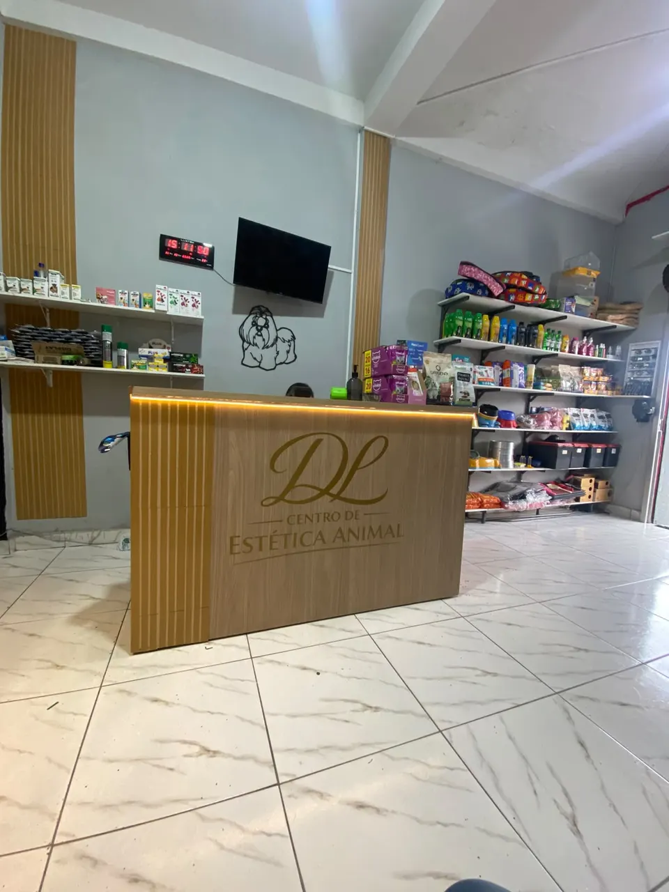 Recepção da loja com balcão de madeira, logotipo da DL e prateleiras de produtos