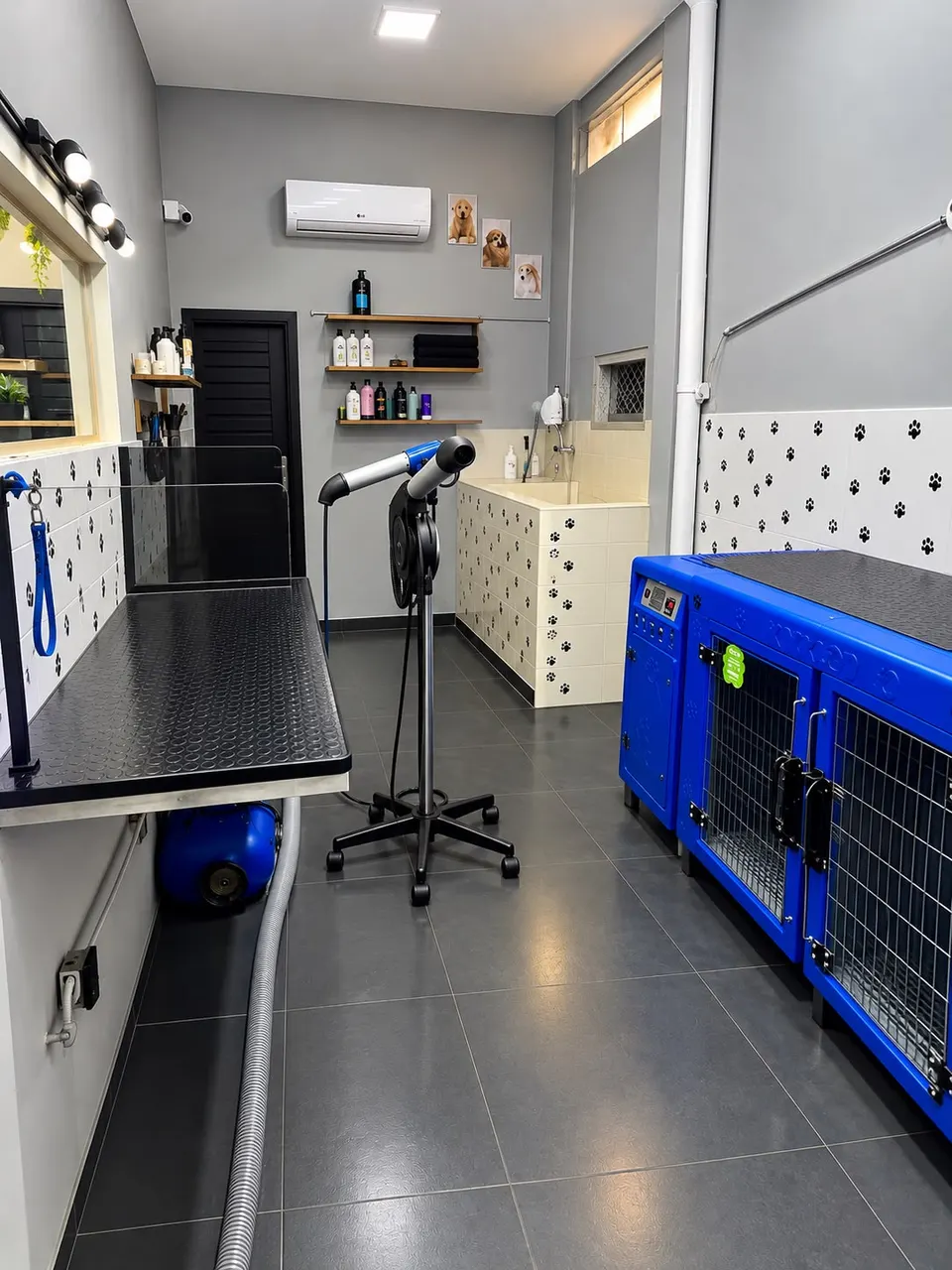 Sala de banho e tosa da DL com mesa de estética, secador, banheira e boxes